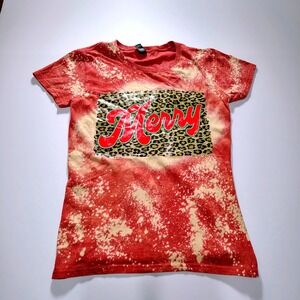 Merry Christmas Bleach Dye T-Shirt Leopard Print Red Holiday Women's Size Small‎